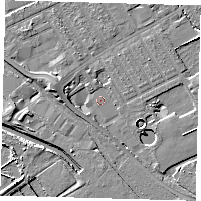 Shaded relief map of the ground around E107FE, computed from Environment Agency LiDAR. The ground here sits at about 6 m above sea level and falls 11 m across the surrounding 800 m. Surface water reaching this point runs off ground lying to the east-south-east, 0.8 m higher.