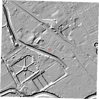 Shaded relief map of the ground around E107FS, computed from Environment Agency LiDAR. The ground here sits at about 7 m above sea level and falls 11 m across the surrounding 800 m. The ground contributing surface water to this point lies to the north-north-west.