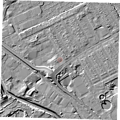 Shaded relief map of the ground around E107FT, computed from Environment Agency LiDAR. The ground here sits at about 7 m above sea level and falls 11 m across the surrounding 800 m. Surface water reaching this point runs off ground lying to the south-south-west, 2.2 m higher.