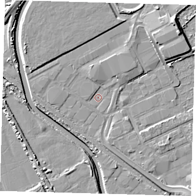 Shaded relief map of the ground around E107FX, computed from Environment Agency LiDAR. The ground here sits at about 6 m above sea level and falls 9 m across the surrounding 800 m. Surface water reaching this point runs off ground lying to the south, 2.0 m higher.