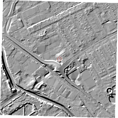 Shaded relief map of the ground around E107FZ, computed from Environment Agency LiDAR. The ground here sits at about 8 m above sea level and falls 11 m across the surrounding 800 m. Surface water reaching this point runs off ground lying to the south, 3.1 m higher.