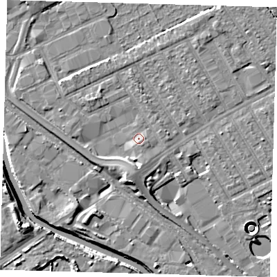 Shaded relief map of the ground around E107GB, computed from Environment Agency LiDAR. The ground here sits at about 8 m above sea level and falls 11 m across the surrounding 800 m. Surface water reaching this point runs off ground lying to the south, 1.2 m higher.