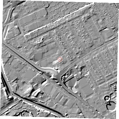 Shaded relief map of the ground around E107GE, computed from Environment Agency LiDAR. The ground here sits at about 8 m above sea level and falls 11 m across the surrounding 800 m. Surface water reaching this point runs off ground lying to the south-south-west, 1.2 m higher.