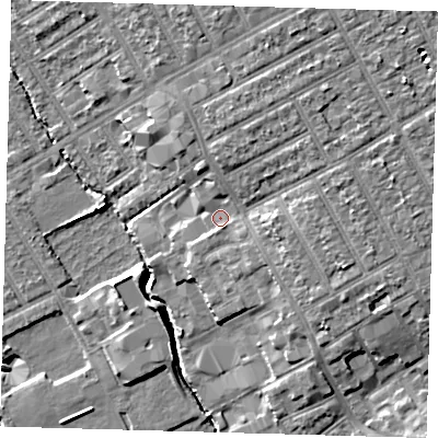 Shaded relief map of the ground around E107JQ, computed from Environment Agency LiDAR. The ground here sits at about 10 m above sea level and falls 11 m across the surrounding 800 m. Surface water reaching this point runs off ground lying to the east-south-east, 5.5 m higher.
