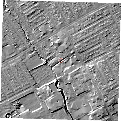 Shaded relief map of the ground around E107JR, computed from Environment Agency LiDAR. The ground here sits at about 8 m above sea level and falls 15 m across the surrounding 800 m. Surface water reaching this point runs off ground lying to the east-south-east, 7.3 m higher.