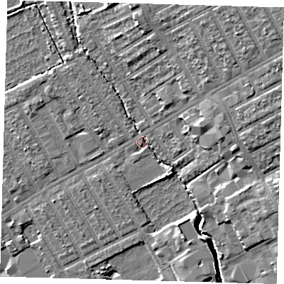Shaded relief map of the ground around E107LD, computed from Environment Agency LiDAR. The ground here sits at about 6 m above sea level and falls 11 m across the surrounding 800 m. Surface water reaching this point runs off ground lying to the north-north-east, 9.1 m higher.