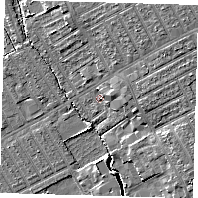 Shaded relief map of the ground around E107LG, computed from Environment Agency LiDAR. The ground here sits at about 7 m above sea level and falls 11 m across the surrounding 800 m. Surface water reaching this point runs off ground lying to the north-east, 2.8 m higher.