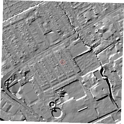 Shaded relief map of the ground around E107LJ, computed from Environment Agency LiDAR. The ground here sits at about 7 m above sea level and falls 13 m across the surrounding 800 m. Surface water reaching this point runs off ground lying to the north-north-west, 0.7 m higher.