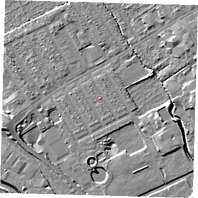 Shaded relief map of the ground around E107LL, computed from Environment Agency LiDAR. The ground here sits at about 7 m above sea level and falls 13 m across the surrounding 800 m. Surface water reaching this point runs off ground lying to the east-north-east, 1.0 m higher.