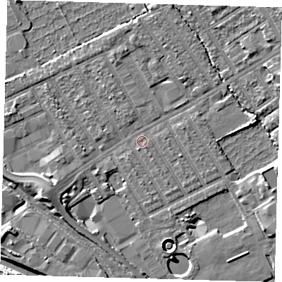 Shaded relief map of the ground around E107LN, computed from Environment Agency LiDAR. The ground here sits at about 6 m above sea level and falls 12 m across the surrounding 800 m. Surface water reaching this point runs off ground lying to the south-south-east, 1.1 m higher.
