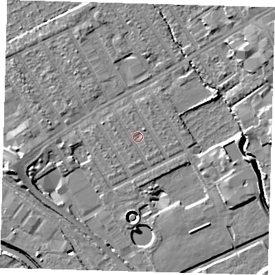 Shaded relief map of the ground around E107LR, computed from Environment Agency LiDAR. The ground here sits at about 6 m above sea level and falls 12 m across the surrounding 800 m. Surface water reaching this point runs off ground lying to the east-south-east, 0.7 m higher.