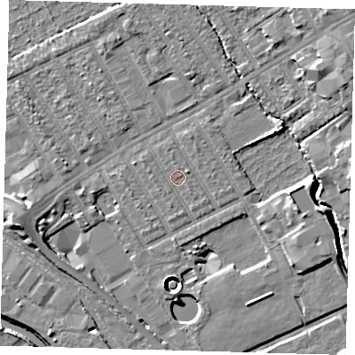 Shaded relief map of the ground around E107LW, computed from Environment Agency LiDAR. The ground here sits at about 6 m above sea level and falls 12 m across the surrounding 800 m. Surface water reaching this point runs off ground lying to the east-south-east, 0.7 m higher.