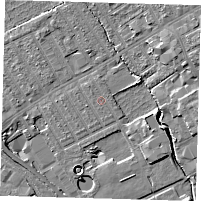 Shaded relief map of the ground around E107LY, computed from Environment Agency LiDAR. The ground here sits at about 7 m above sea level and falls 13 m across the surrounding 800 m. Surface water reaching this point runs off ground lying to the south-west, 0.6 m higher.