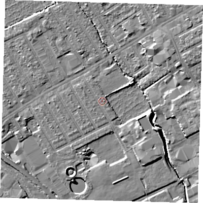 Shaded relief map of the ground around E107LZ, computed from Environment Agency LiDAR. The ground here sits at about 7 m above sea level and falls 14 m across the surrounding 800 m. Surface water reaching this point runs off ground lying to the east-north-east, 11.8 m higher.