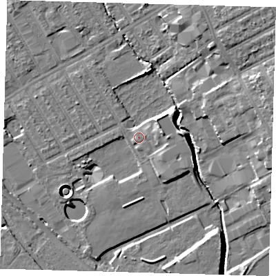 Shaded relief map of the ground around E107NB, computed from Environment Agency LiDAR. The ground here sits at about 7 m above sea level and falls 14 m across the surrounding 800 m. Surface water reaching this point runs off ground lying to the east, 9.3 m higher.