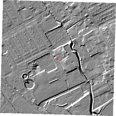 Shaded relief map of the ground around E107ND, computed from Environment Agency LiDAR. The ground here sits at about 7 m above sea level and falls 14 m across the surrounding 800 m. Surface water reaching this point runs off ground lying to the east-south-east, 4.6 m higher.