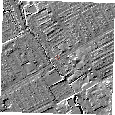 Shaded relief map of the ground around E107NE, computed from Environment Agency LiDAR. The ground here sits at about 7 m above sea level and falls 11 m across the surrounding 800 m. Surface water reaching this point runs off ground lying to the north-east, 8.7 m higher.