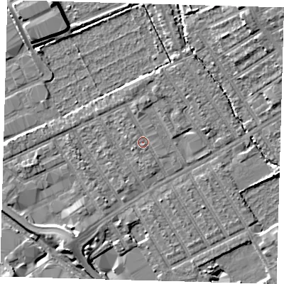 Shaded relief map of the ground around E107NH, computed from Environment Agency LiDAR. The ground here sits at about 7 m above sea level and falls 9 m across the surrounding 800 m. Surface water reaching this point runs off ground lying to the north-north-west, 1.1 m higher.