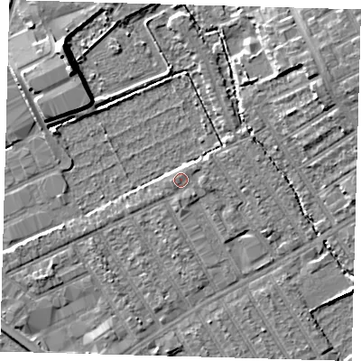 Shaded relief map of the ground around E107NL, computed from Environment Agency LiDAR. The ground here sits at about 7 m above sea level and falls 8 m across the surrounding 800 m. Surface water reaching this point runs off ground lying to the south-south-east, 0.8 m higher.