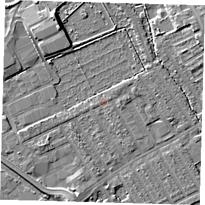 Shaded relief map of the ground around E107NN, computed from Environment Agency LiDAR. The ground here sits at about 7 m above sea level and falls 8 m across the surrounding 800 m. The ground contributing surface water to this point lies to the west.
