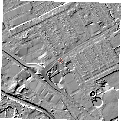 Shaded relief map of the ground around E107NU, computed from Environment Agency LiDAR. The ground here sits at about 7 m above sea level and falls 11 m across the surrounding 800 m. Surface water reaching this point runs off ground lying to the west-south-west, 3.4 m higher.