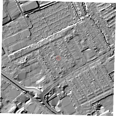 Shaded relief map of the ground around E107NW, computed from Environment Agency LiDAR. The ground here sits at about 6 m above sea level and falls 12 m across the surrounding 800 m. Surface water reaching this point runs off ground lying to the north-north-east, 1.1 m higher.