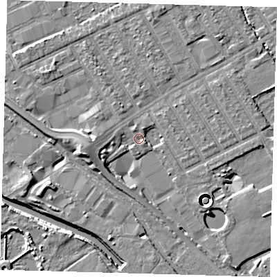 Shaded relief map of the ground around E107NX, computed from Environment Agency LiDAR. The ground here sits at about 7 m above sea level and falls 11 m across the surrounding 800 m. Surface water reaching this point runs off ground lying to the east-south-east, 2.1 m higher.