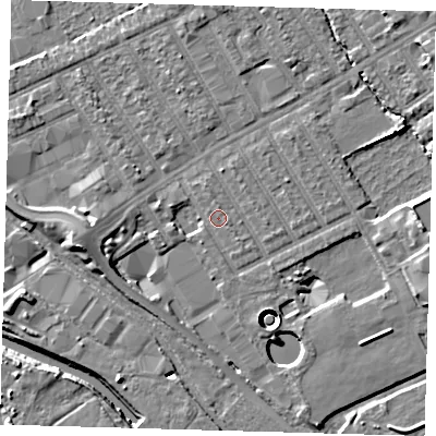 Shaded relief map of the ground around E107PA, computed from Environment Agency LiDAR. The ground here sits at about 7 m above sea level and falls 11 m across the surrounding 800 m. Surface water reaching this point runs off ground lying to the east-south-east, 0.8 m higher.