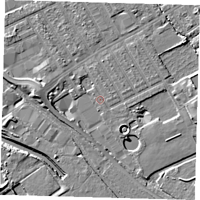 Shaded relief map of the ground around E107PB, computed from Environment Agency LiDAR. The ground here sits at about 7 m above sea level and falls 11 m across the surrounding 800 m. Surface water reaching this point runs off ground lying to the east-north-east, 0.7 m higher.