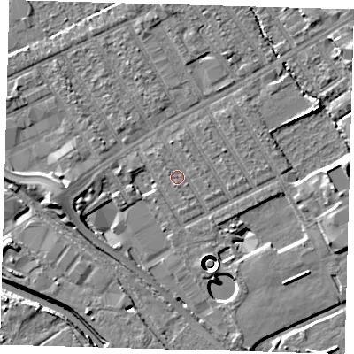 Shaded relief map of the ground around E107PF, computed from Environment Agency LiDAR. The ground here sits at about 6 m above sea level and falls 11 m across the surrounding 800 m. Surface water reaching this point runs off ground lying to the east-south-east, 1.0 m higher.