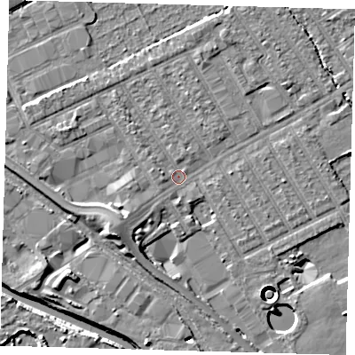 Shaded relief map of the ground around E107PN, computed from Environment Agency LiDAR. The ground here sits at about 6 m above sea level and falls 11 m across the surrounding 800 m. Surface water reaching this point runs off ground lying to the south-west, 4.6 m higher.