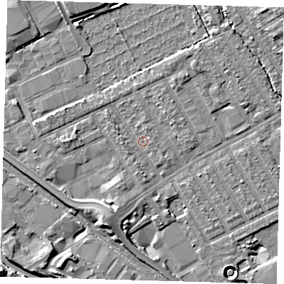 Shaded relief map of the ground around E107PP, computed from Environment Agency LiDAR. The ground here sits at about 7 m above sea level and falls 11 m across the surrounding 800 m. Surface water reaching this point runs off ground lying to the south-south-west, 3.5 m higher.
