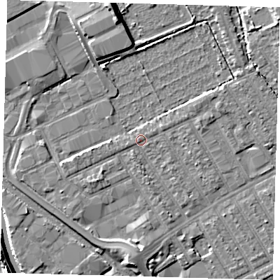 Shaded relief map of the ground around E107PR, computed from Environment Agency LiDAR. The ground here sits at about 7 m above sea level and falls 9 m across the surrounding 800 m. Surface water reaching this point runs off ground lying to the south, 3.4 m higher.