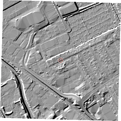 Shaded relief map of the ground around E107PS, computed from Environment Agency LiDAR. The ground here sits at about 7 m above sea level and falls 7 m across the surrounding 800 m. Surface water reaching this point runs off ground lying to the south-south-west, 1.0 m higher.