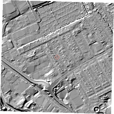 Shaded relief map of the ground around E107PW, computed from Environment Agency LiDAR. The ground here sits at about 6 m above sea level and falls 11 m across the surrounding 800 m. Surface water reaching this point runs off ground lying to the south-south-west, 3.5 m higher.