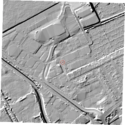 Shaded relief map of the ground around E107PY, computed from Environment Agency LiDAR. The ground here sits at about 6 m above sea level and falls 9 m across the surrounding 800 m. Surface water reaching this point runs off ground lying to the south-south-east, 2.3 m higher.