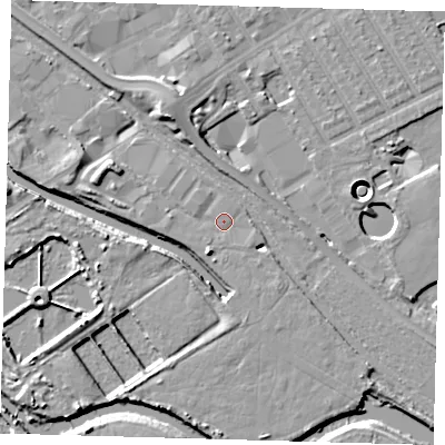 Shaded relief map of the ground around E107QB, computed from Environment Agency LiDAR. The ground here sits at about 7 m above sea level and falls 11 m across the surrounding 800 m. Surface water reaching this point runs off ground lying to the south-south-west, 2.6 m higher.
