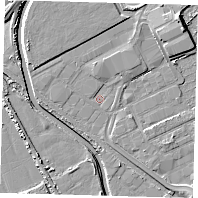 Shaded relief map of the ground around E107QE, computed from Environment Agency LiDAR. The ground here sits at about 6 m above sea level and falls 9 m across the surrounding 800 m. Surface water reaching this point runs off ground lying to the south, 2.0 m higher.