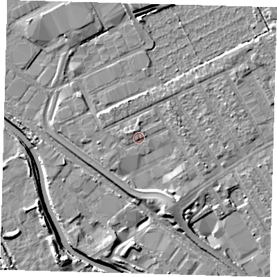 Shaded relief map of the ground around E107QF, computed from Environment Agency LiDAR. The ground here sits at about 8 m above sea level and falls 8 m across the surrounding 800 m. Surface water reaching this point runs off ground lying to the north-west, 1.5 m higher.