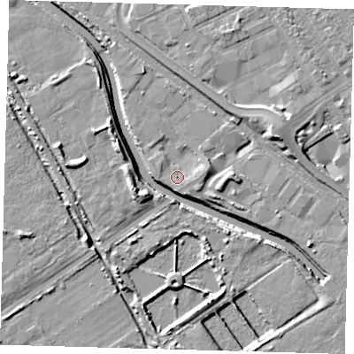 Shaded relief map of the ground around E107QL, computed from Environment Agency LiDAR. The ground here sits at about 7 m above sea level and falls 8 m across the surrounding 800 m. Surface water reaching this point runs off ground lying to the east-north-east, 2.2 m higher.