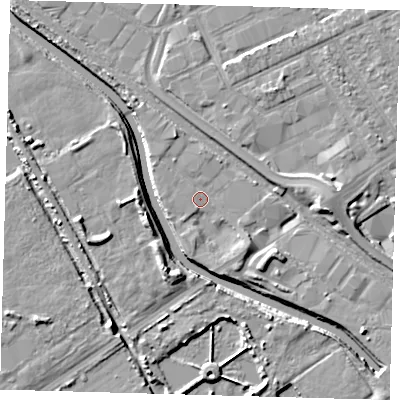 Shaded relief map of the ground around E107QN, computed from Environment Agency LiDAR. The ground here sits at about 7 m above sea level and falls 8 m across the surrounding 800 m. Surface water reaching this point runs off ground lying to the south-east, 2.5 m higher.
