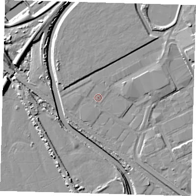 Shaded relief map of the ground around E107QP, computed from Environment Agency LiDAR. The ground here sits at about 7 m above sea level and falls 9 m across the surrounding 800 m. Surface water reaching this point runs off ground lying to the west, 0.8 m higher.