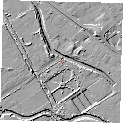 Shaded relief map of the ground around E107QS, computed from Environment Agency LiDAR. The ground here sits at about 7 m above sea level and falls 8 m across the surrounding 800 m. Surface water reaching this point runs off ground lying to the east-north-east, 1.0 m higher.