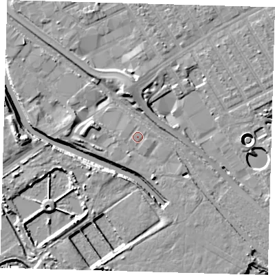 Shaded relief map of the ground around E107QU, computed from Environment Agency LiDAR. The ground here sits at about 7 m above sea level and falls 11 m across the surrounding 800 m. The ground contributing surface water to this point lies to the east-south-east.
