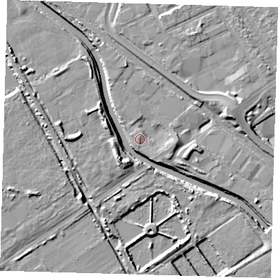 Shaded relief map of the ground around E107QW, computed from Environment Agency LiDAR. The ground here sits at about 8 m above sea level and falls 8 m across the surrounding 800 m. Surface water reaching this point runs off ground lying to the east, 2.5 m higher.