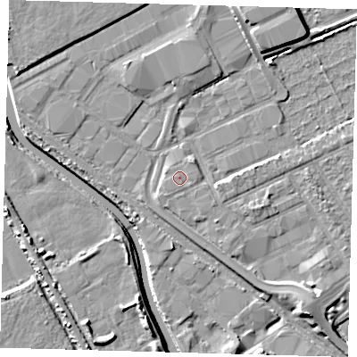 Shaded relief map of the ground around E107QX, computed from Environment Agency LiDAR. The ground here sits at about 7 m above sea level and falls 7 m across the surrounding 800 m. The ground contributing surface water to this point lies to the east.