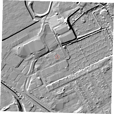 Shaded relief map of the ground around E107QY, computed from Environment Agency LiDAR. The ground here sits at about 6 m above sea level and falls 9 m across the surrounding 800 m. Surface water reaching this point runs off ground lying to the north, 4.0 m higher.