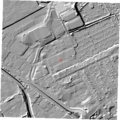 Shaded relief map of the ground around E107QZ, computed from Environment Agency LiDAR. The ground here sits at about 6 m above sea level and falls 9 m across the surrounding 800 m. The ground contributing surface water to this point lies to the east-north-east.