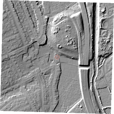 Shaded relief map of the ground around E112BE, computed from Environment Agency LiDAR. The ground here sits at about 10 m above sea level and falls 15 m across the surrounding 800 m. Surface water reaching this point runs off ground lying to the west-north-west, 12.2 m higher.