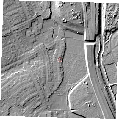 Shaded relief map of the ground around E112BU, computed from Environment Agency LiDAR. The ground here sits at about 11 m above sea level and falls 15 m across the surrounding 800 m. Surface water reaching this point runs off ground lying to the south-west, 6.3 m higher.